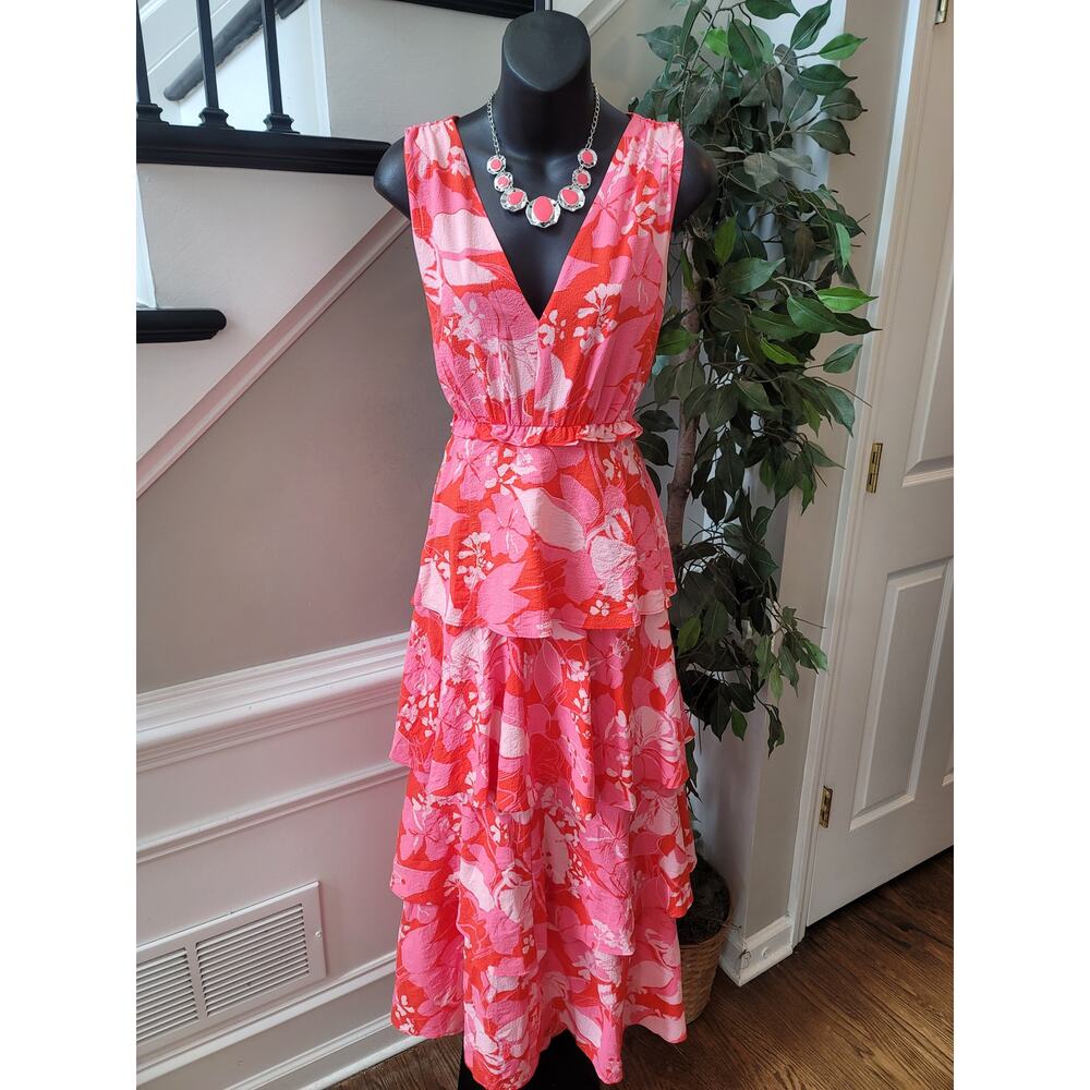 Chelsea28 Maxi Dress Women's Size Small Red Floral Crinkled V-Neck Tiered Ruffle